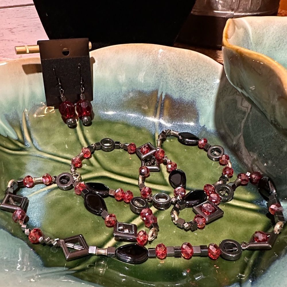 Handcrafted Red Furnace Glass & Genuine Hematite Beaded Necklace + Earrings